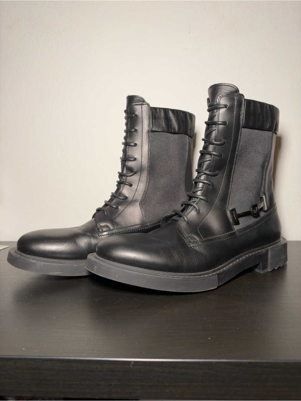 Ferragamo Men’s Black Leather Gancini Combat Boots